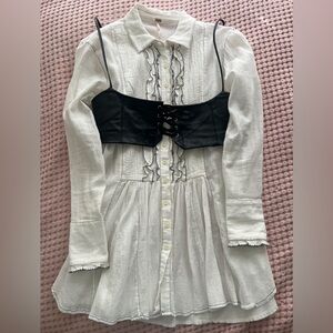 Free People White Blouse with Black Lace-Up Overlay